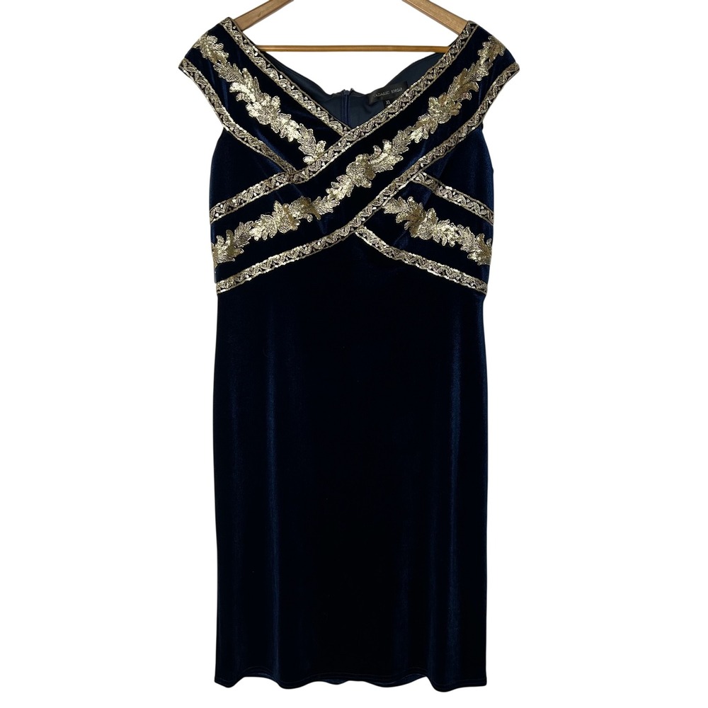 Tadashi Shoji NWT Dress XL Taman Navy Blue Velvet‎ Gold Embroidery Sequin Sheath